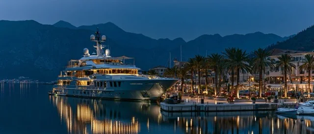 Yachts moored at the marina at dusk