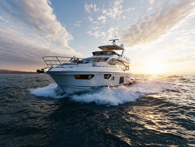 Motor yacht at sunrise